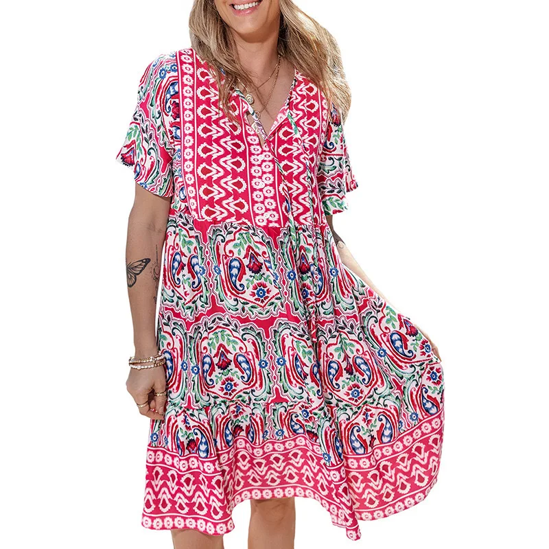 Bohemia Women 2024 Summer New V-neck Dress Fashion Loose Printing Elegant Comfort Table Colorful Patchwork Vacation Short Skirt