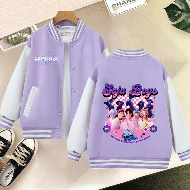 

Kpop Demon Hunters Baseball Jacket Autumn Winter Girls Women Purple Jacket Kids Keep Warm Coat Casual Outerwear Coat Tops Clothe