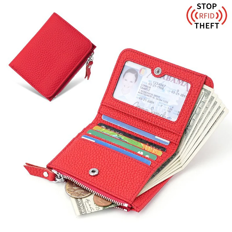 

Women Wallets Luxury Genuine Leather Red Black Small Mini Coin Purse Hasp Card Holder Lady Wallet Zipper Female Purse Rfid Block