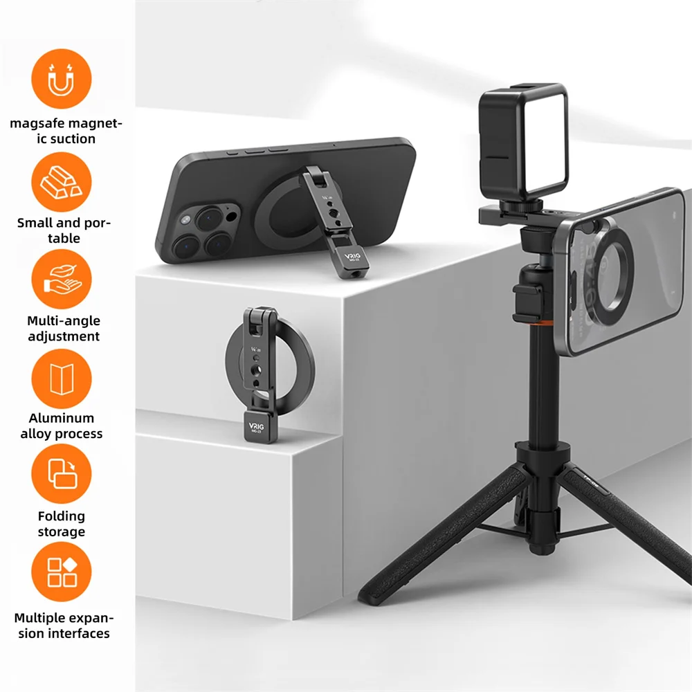

VRIG MG-23 Magnetic Phone Holder Tripod Mount MagSafe Phone Stand W 1/4 Cold Shoe for iPhone 16 15 14 Samsung Phone Camera