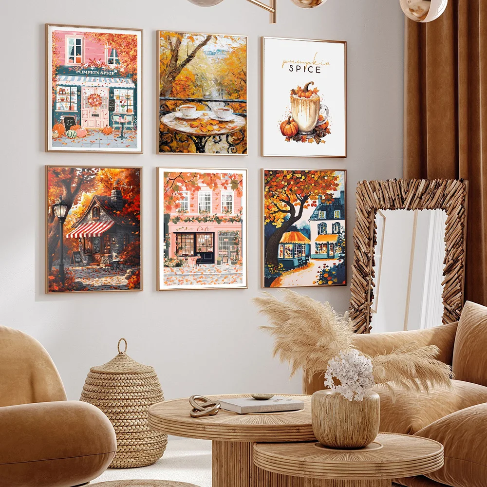 Autumn Coffee Shop Pumpkin Spice Latte Print Posters Fall Wall Art Poster Decor Thanksgiving Trendy Coffee Bar Room Decor Gift