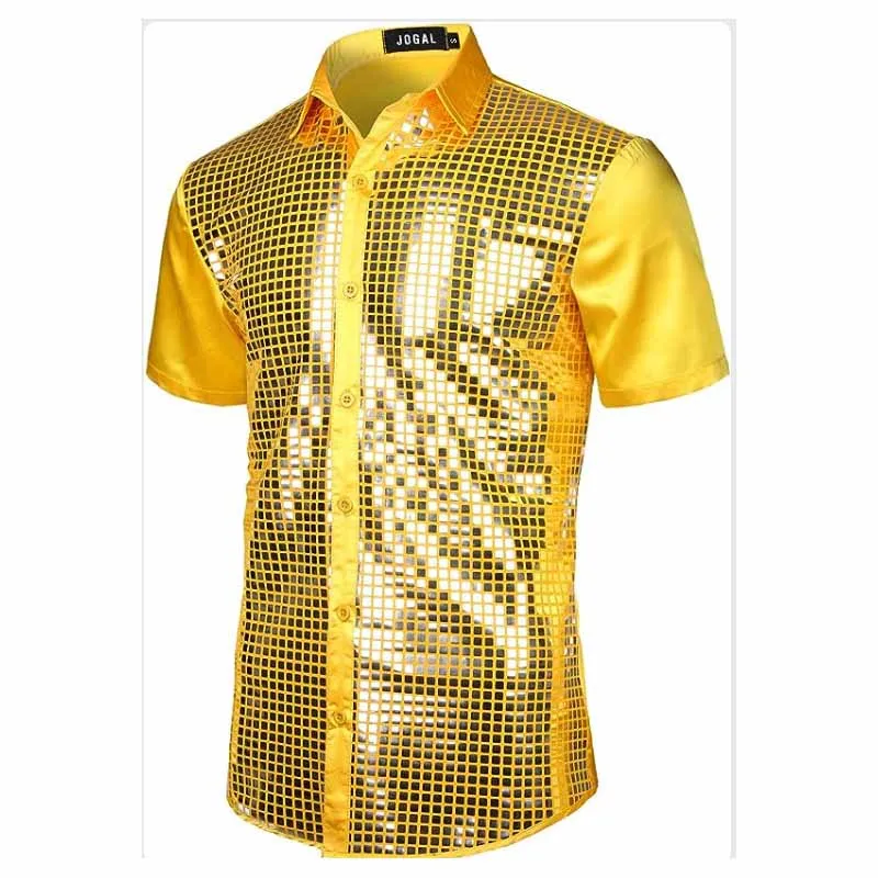 Disco Dance Shiny Grid Metallic Short Sleeve Shirt Lapel Collar Button Slim Fit Nightclub Stage Performance Party Costume Men