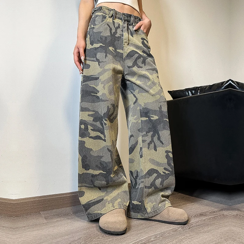 Green Camouflage Womens Jeans High Waist Vintage Straight Baggy Y2K Denim Pants Hip Hop American Fashion Wide Leg Denim Trouser