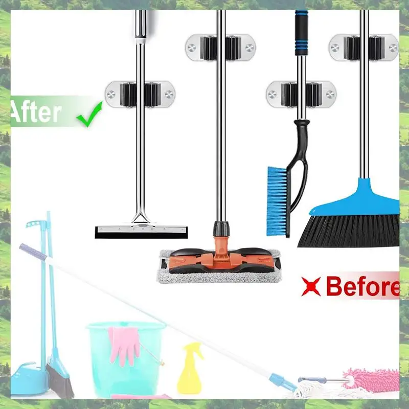 

A59Z-12Pcs Mop And Broom Holder Wall Mount Heavy Duty Stainless Steel Broom Holder Broom Organizer Garden Garage Storage Rack