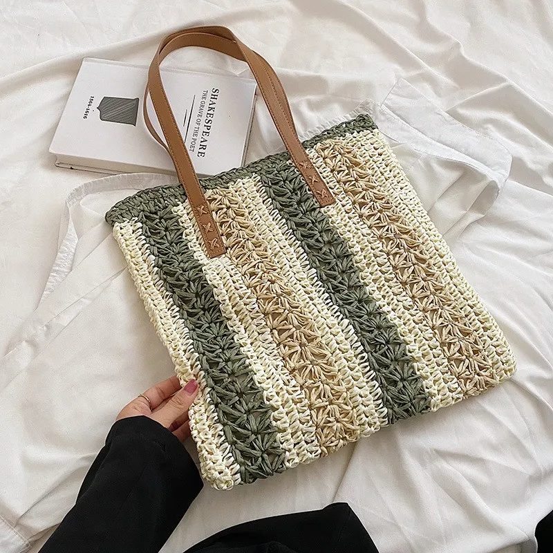 Tas Bahu Wanita Jerami Tas Tangan Anyaman Anyaman Desain Mutiara Fashion Tas Rotan Pantai Musim Panas Kasual Dompet Belanja Tote Besar