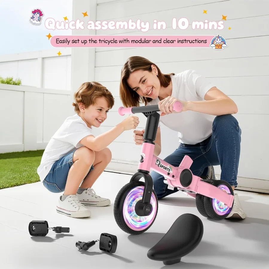Rowerek biegowy 3 w 1 dla maluchów w wieku 1-4 lat, kolorowe oświetlenie, trójkołowy rowerek dla niemowląt i małych dzieci w wieku 1 2 3 4 lat z odpinanymi pedałami.