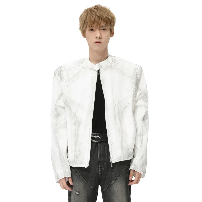 

SYUHGFA American Style High Street Men's Short Jackets Round Collar Zipper Solid Color Male Shoulder Pads Coats 2024 Autumn