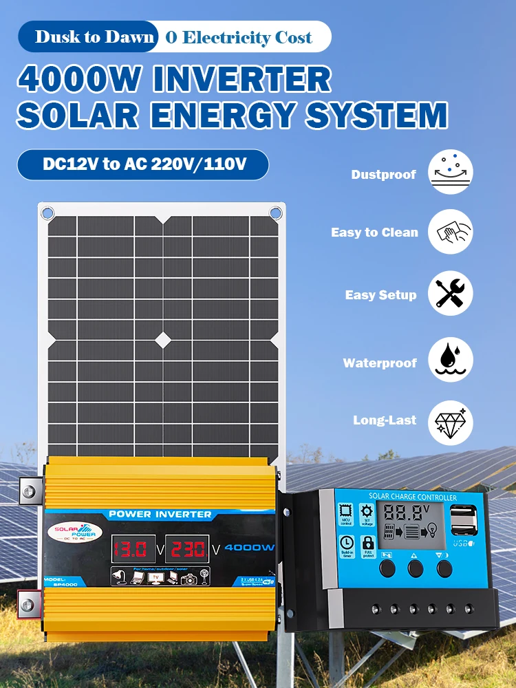 Zestaw inwertera solarnego 4000W, system solarny 12V na 220V, ładowanie paneli słonecznych, domowy i zewnętrzny system generowania energii. — zdjęcie produktu 7