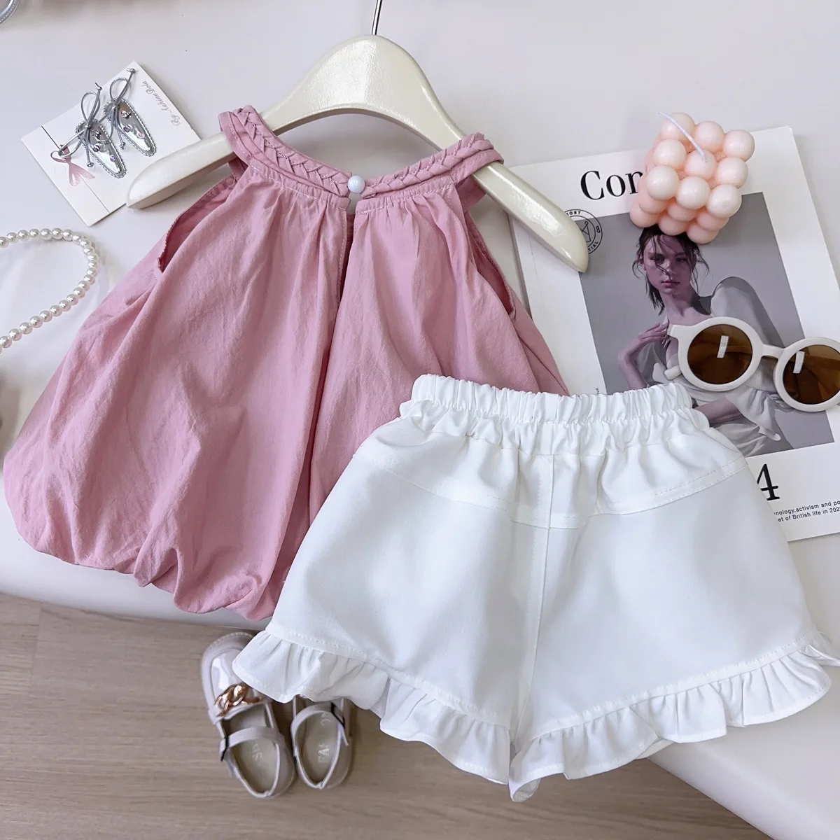 2025 Girls' Sweet Set Summer New Baby Girl Hanging Neck Tank Top+Ruffle Shorts Set Baby Girl Clothes