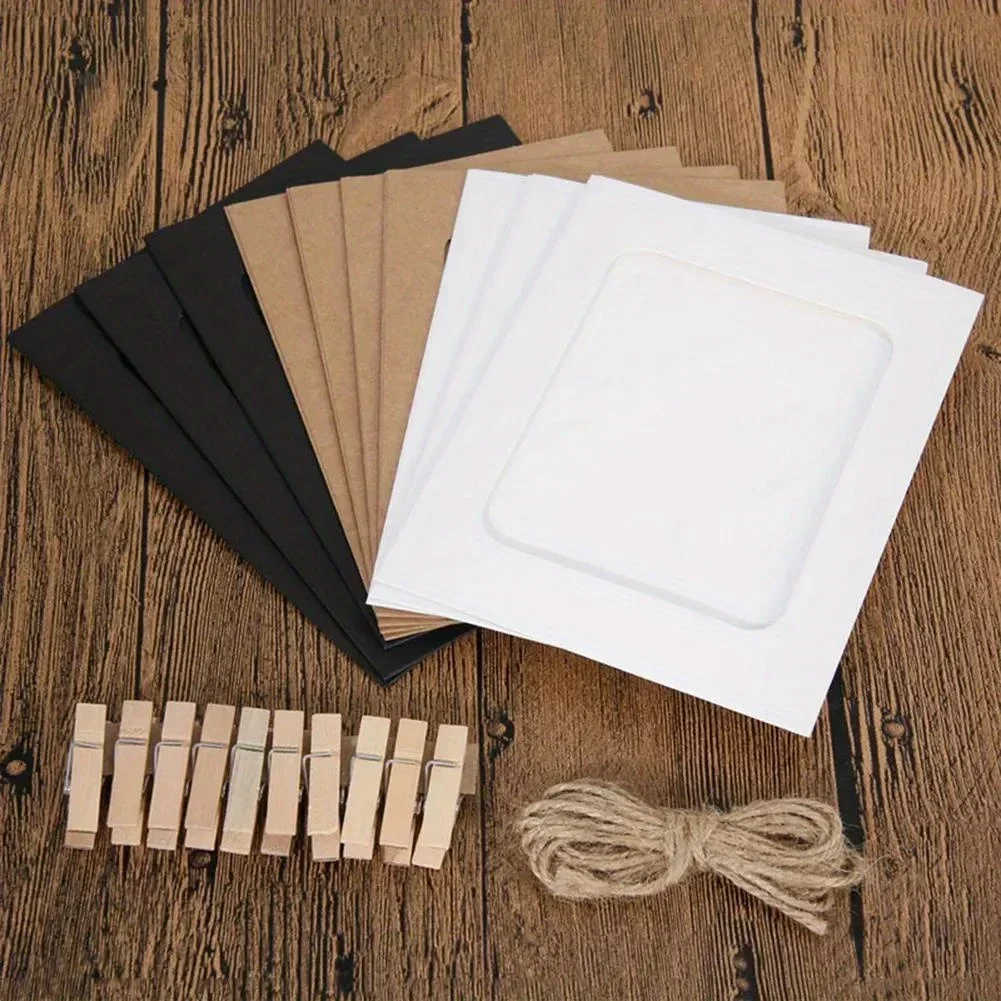 10pcs Photo Cardboard Picture Frame, DIY Paper Photo Frame With Wooden Clips, Wall Decoration, Bedroom Decorative Picture Frame
