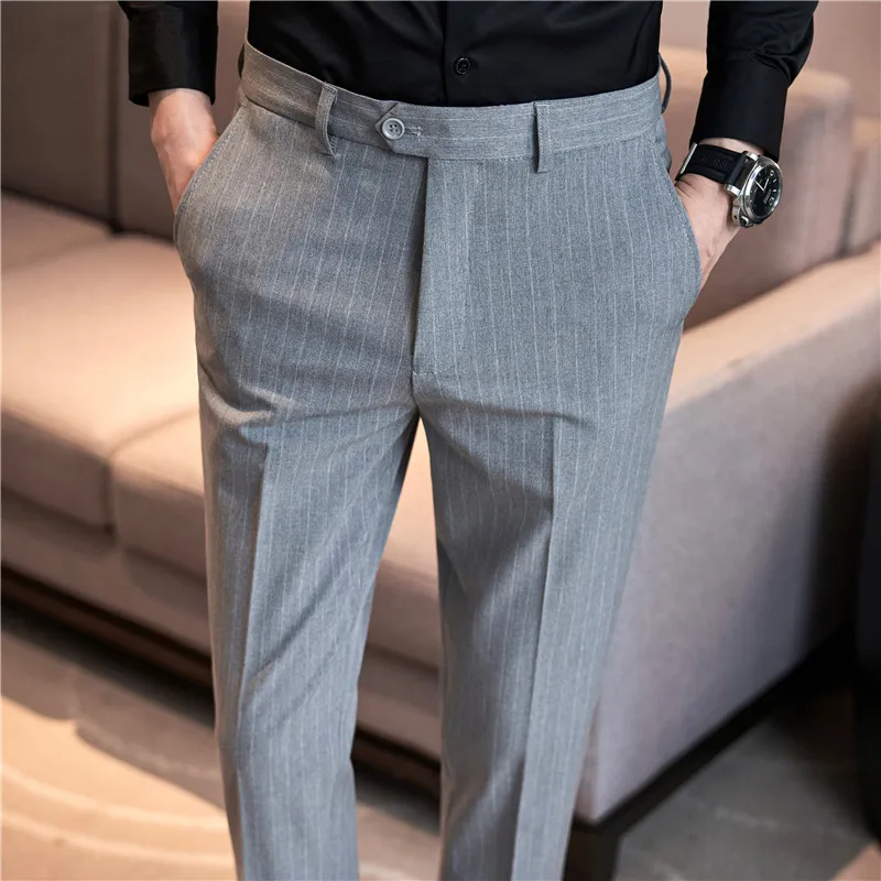 Autumn Winter Thickened Striped Suit Pant Men Business Slim Fit Long Pants Formal Office Social Party Casual Pants Streetwear