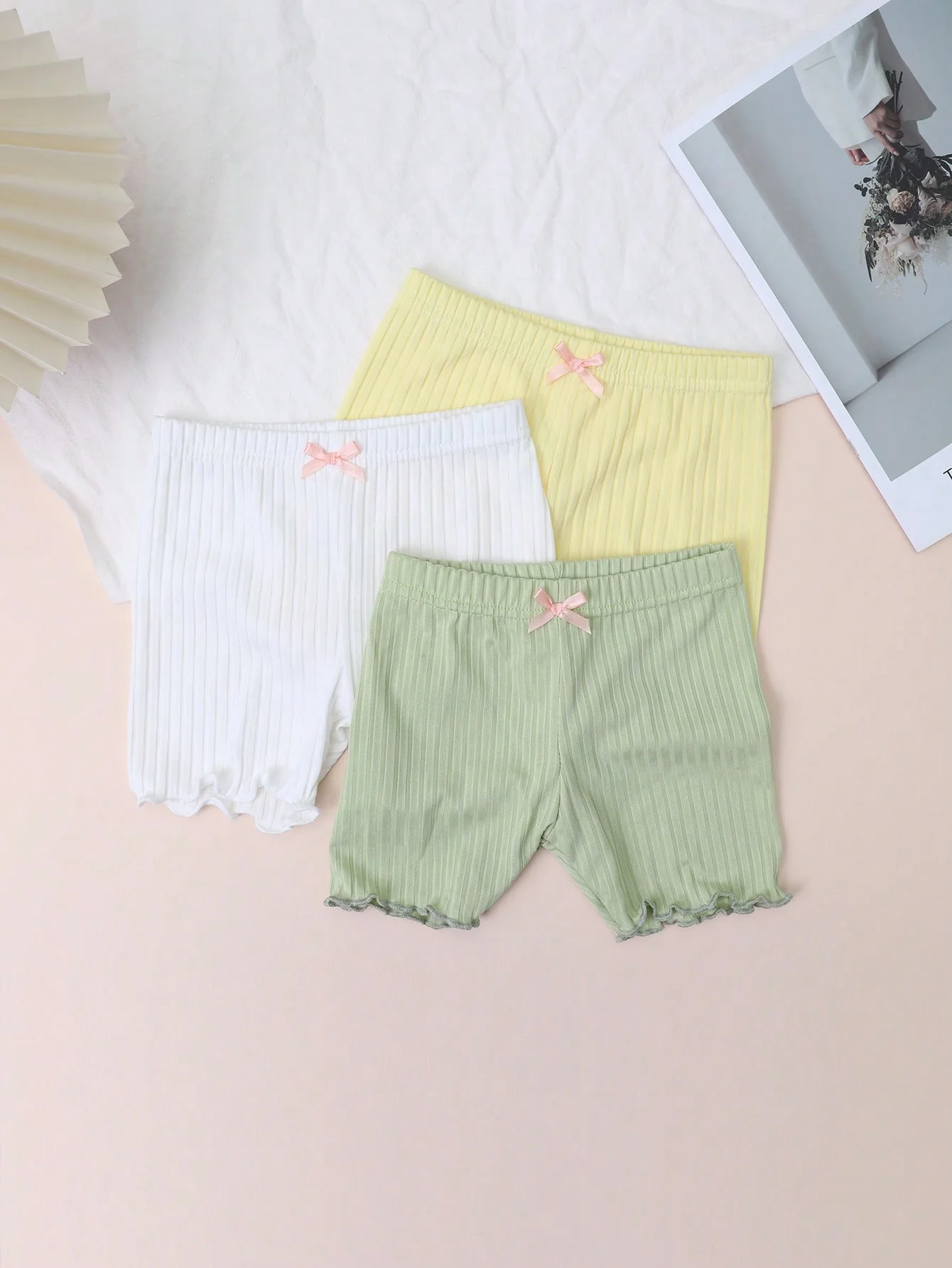 3 Pcs Girls' Striped Shorts with Small Bow Decorations, Soft and Breathable Safety Pants Suitable for Girls' Daily Wear in Summer