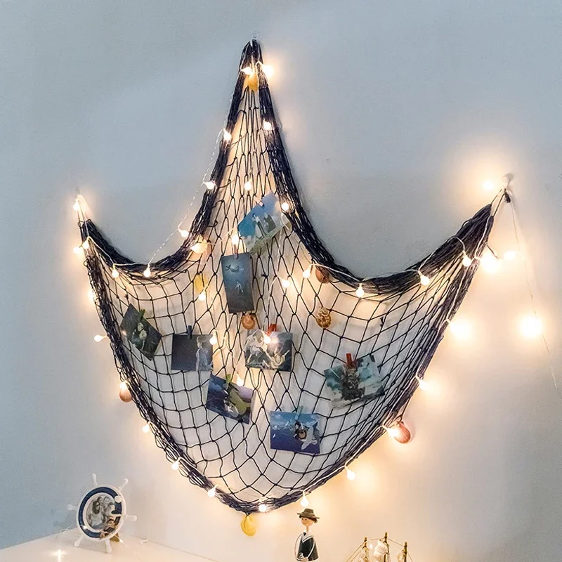 Photo Hanging Display Frames Coastal Decorative Nautical Fish Net with Sea Shells and Clips for Dorm Home Wall Party Decorations