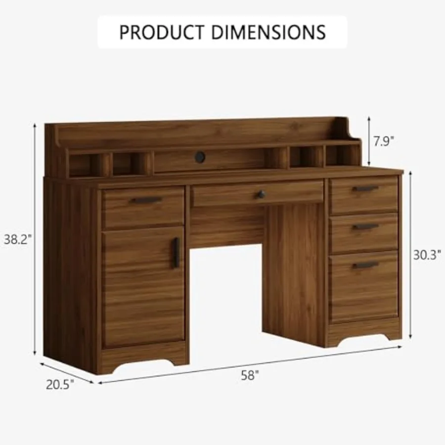 58 Inch Executive Desk with File Drawers and Built-in Storage Cabinet for Home Office Use Rustic Brown Computer Desk with Ample