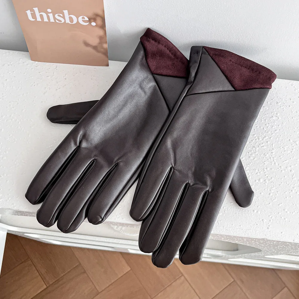 V-shaped PU with Suede Gloves for Cross-border Men and Women, Winter with Suede Insulation Touch Screen, Fashionable