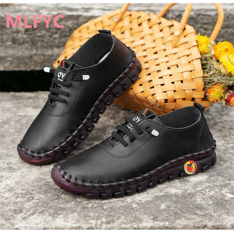Hand sewn microfiber leather mother's shoes, casual shoes, wear-resistant flat sole single shoes, women's shoes