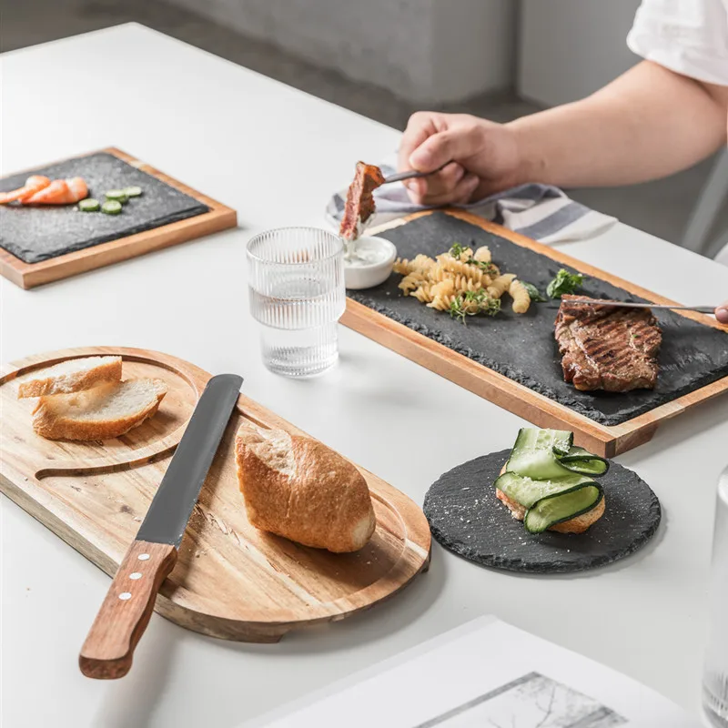 Solid Wood Western Food Plate Snack Plate Wood Plate Black Stone Plate SurfacePackage Plate Acacia Wood Plate Western Food WF