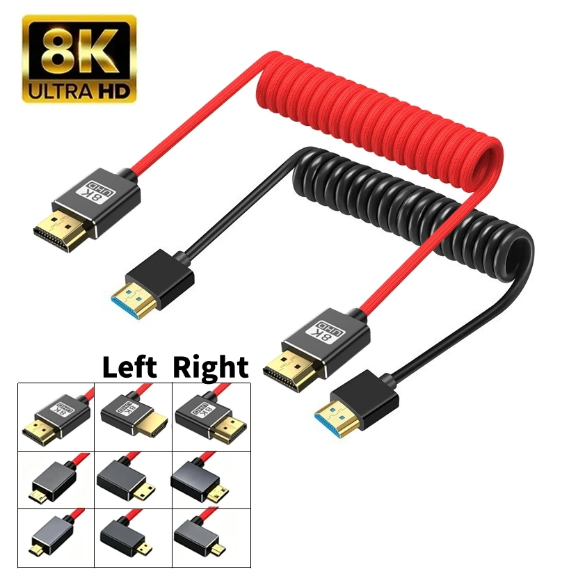 8K UHD 48Gbps Coiled Spring Cord 90° Left Right Angled Mini & Micro HDTV Cable for DSLR Camcorder Monitor Laptop PC Game Console