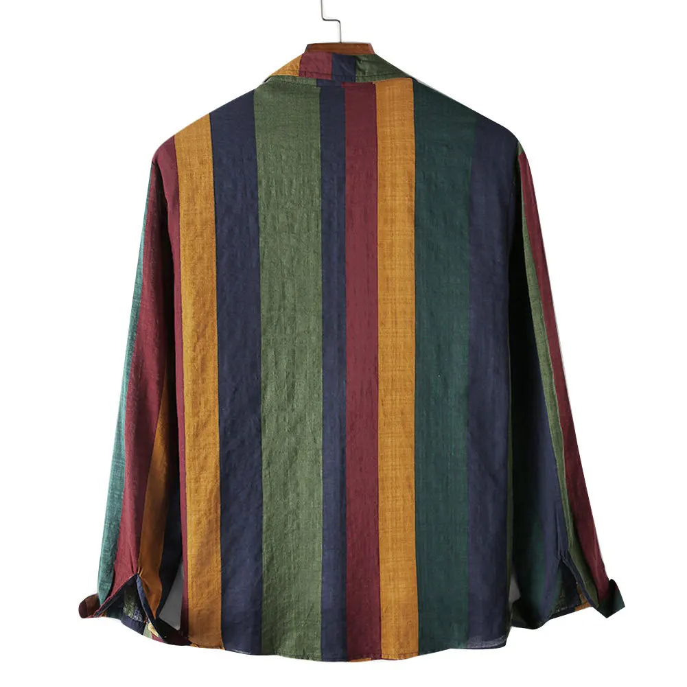 2024 Vintage Stripe Men's Long Sleeve Blouse Hip Hop Style Loose Fit Travel Friendly Fleece Lined Shirt Stand Collar Design
