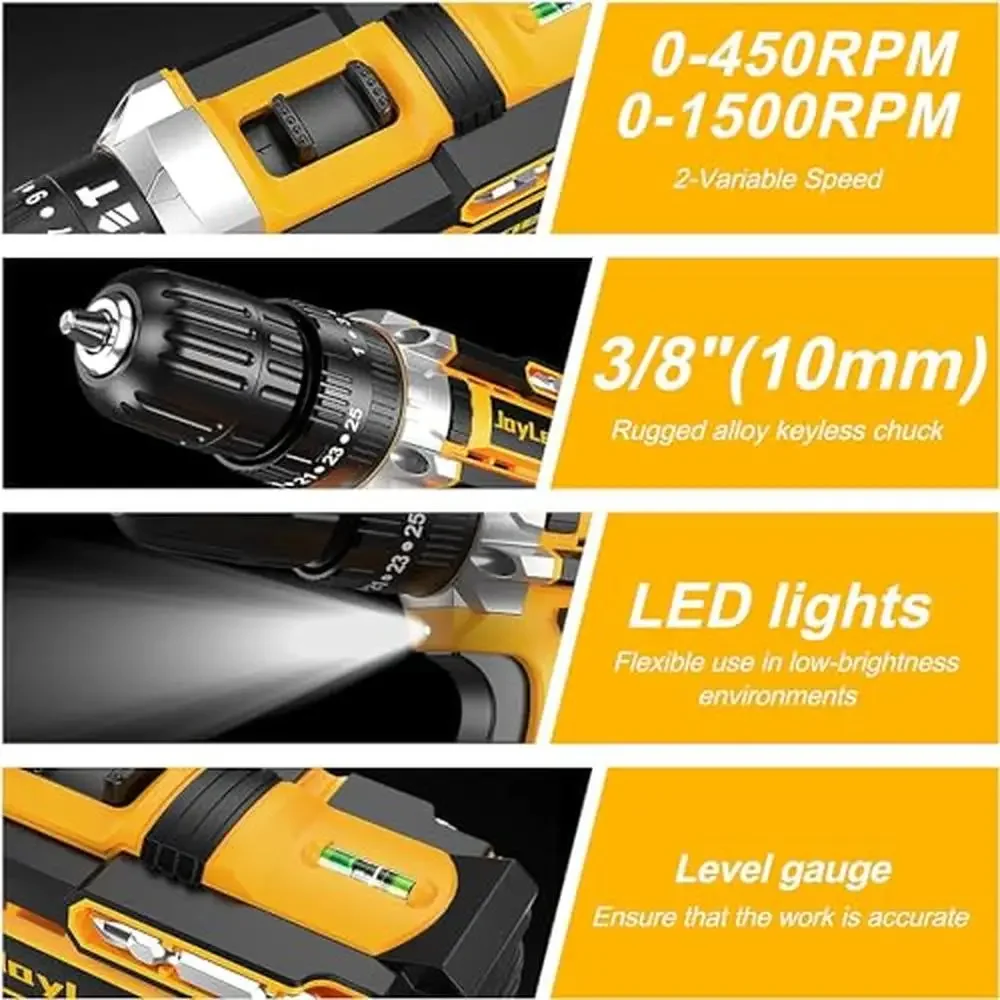 21V Cordless Drill Set 59Pcs 3/8 Inch Chuck 25 3 Clutch Metal Working Light Max Power Impact Hammer Practical Gifts Strong Motor