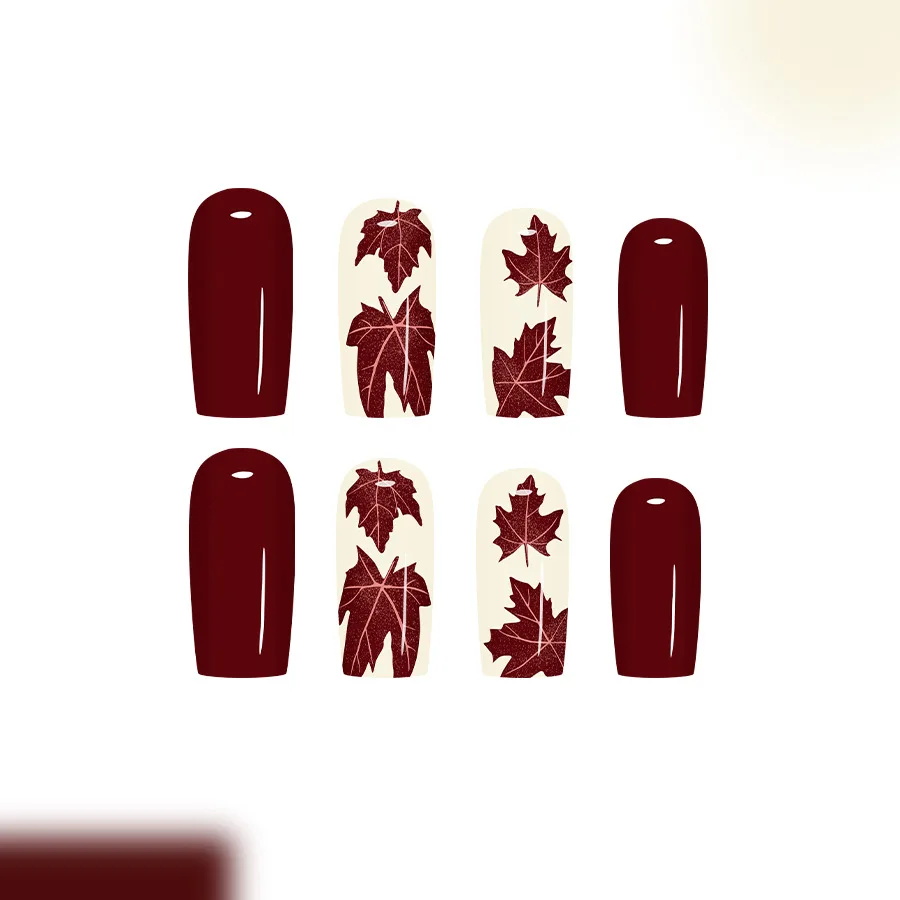 

24PCS Medium Square Press on Nails Glossy European American Autumn Winter Burgundy Maple Leaf Removable False Nail Uñas Postizas