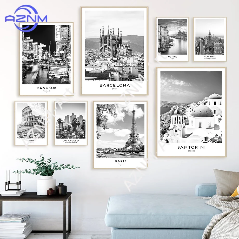Cuadro sobre lienzo para pared de Santorini, Barcelona, Las Vegas, LA, París, Nueva York, póster nórdico e imágenes impresas para decoración del hogar y sala de estar