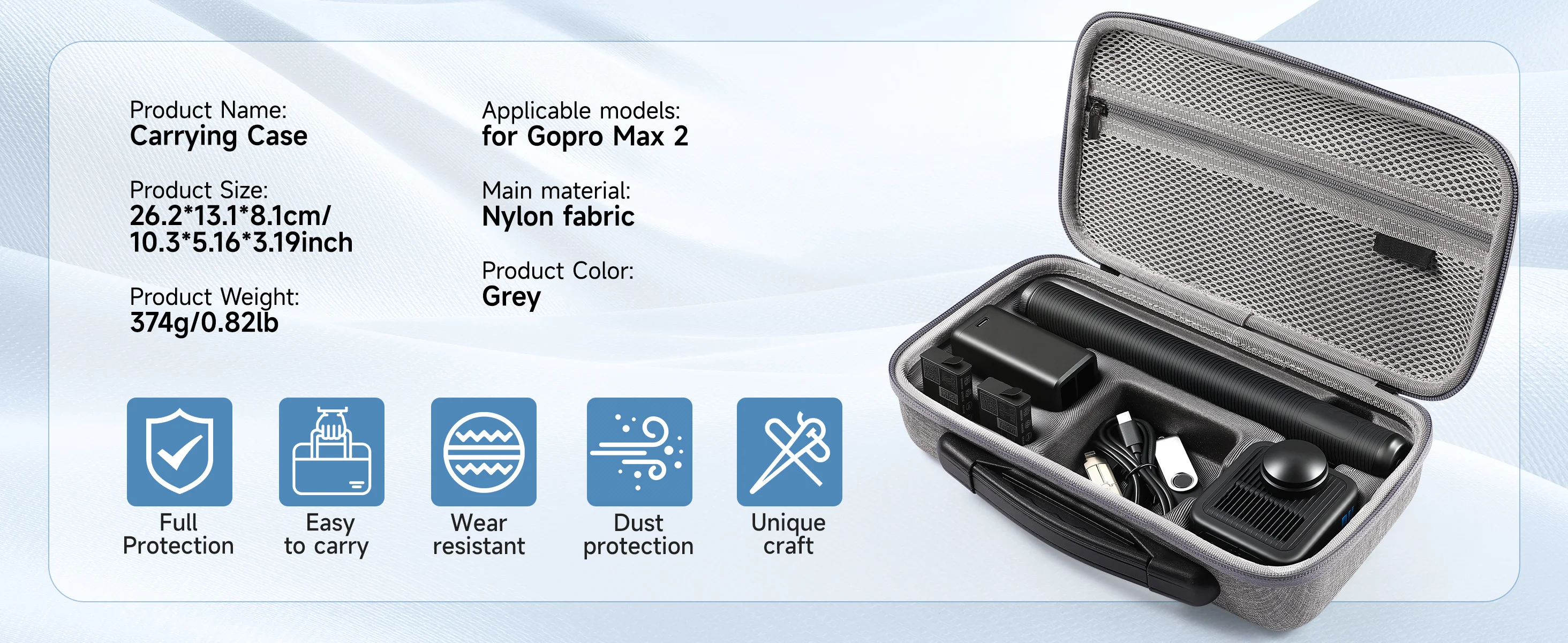 Tragetasche für Gopro Max 2 Aufbewahrungs-Reisetasche Zubehör Kompatibel mit Doppel-Akkuladegerät 4ft (1,2m) Verlängerungsstange – Detail 7
