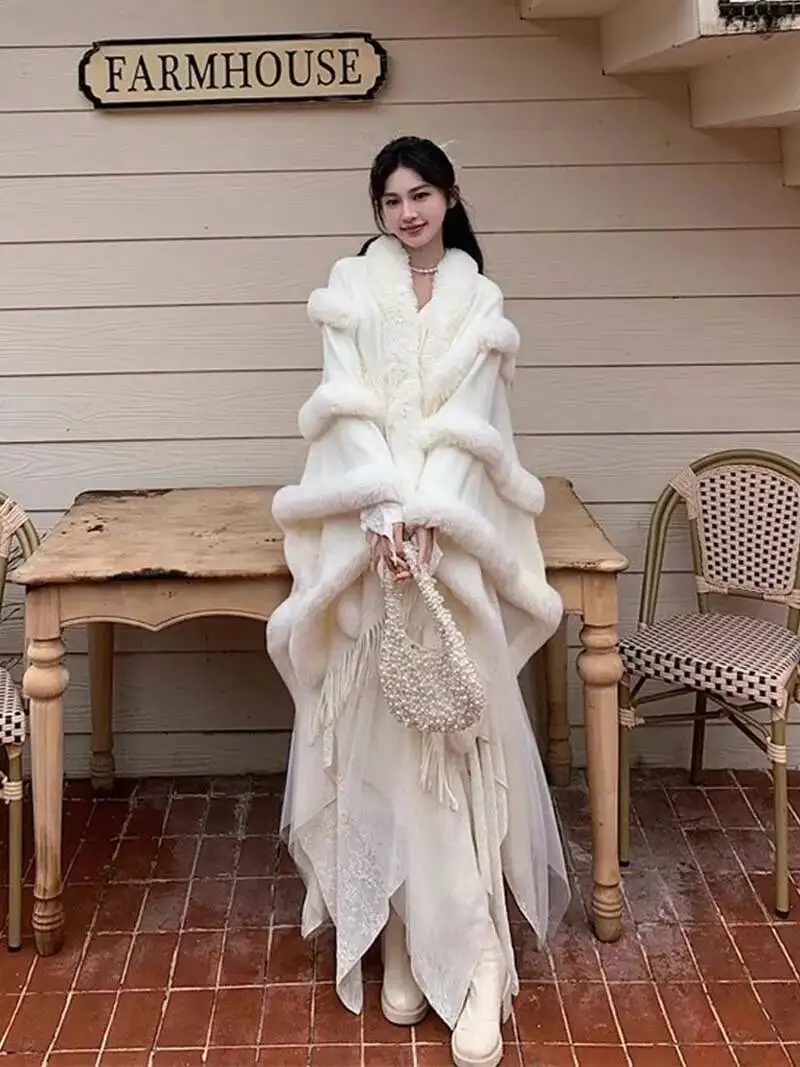 

Модная накидка с отделкой из искусственного меха в полоску, женская осенне-зимняя вязаная накидка, длинное свободное праздничное платье, верхняя одежда