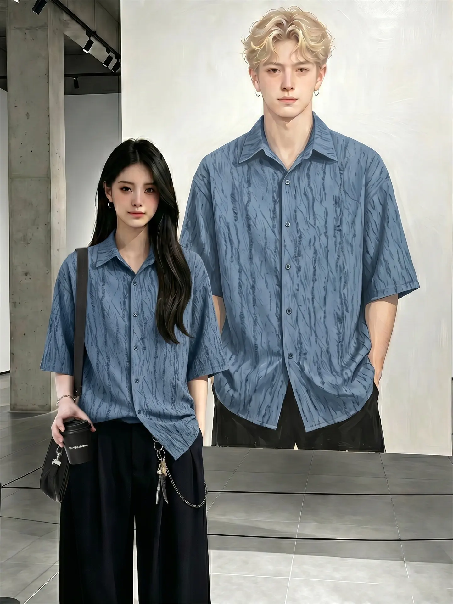 Korean Style Loose Fit Ice Silk Shirt Men's Summer Thin Half Sleeve Hawaii Pattern Breathable Casual Shirt for Couples