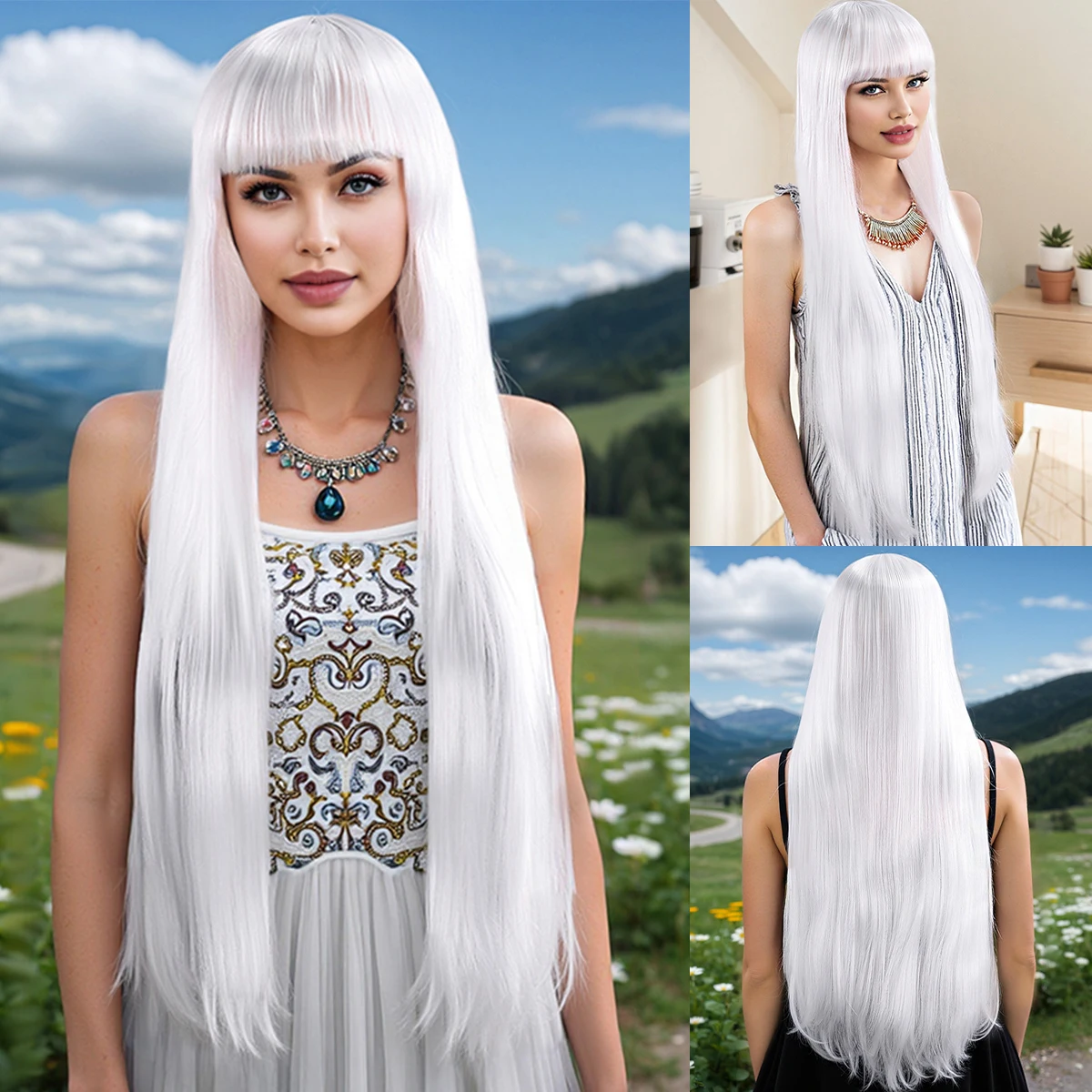 

White straight hair Cosplay wig long straight hair girl wig Halloween party Synthetic fiber wig