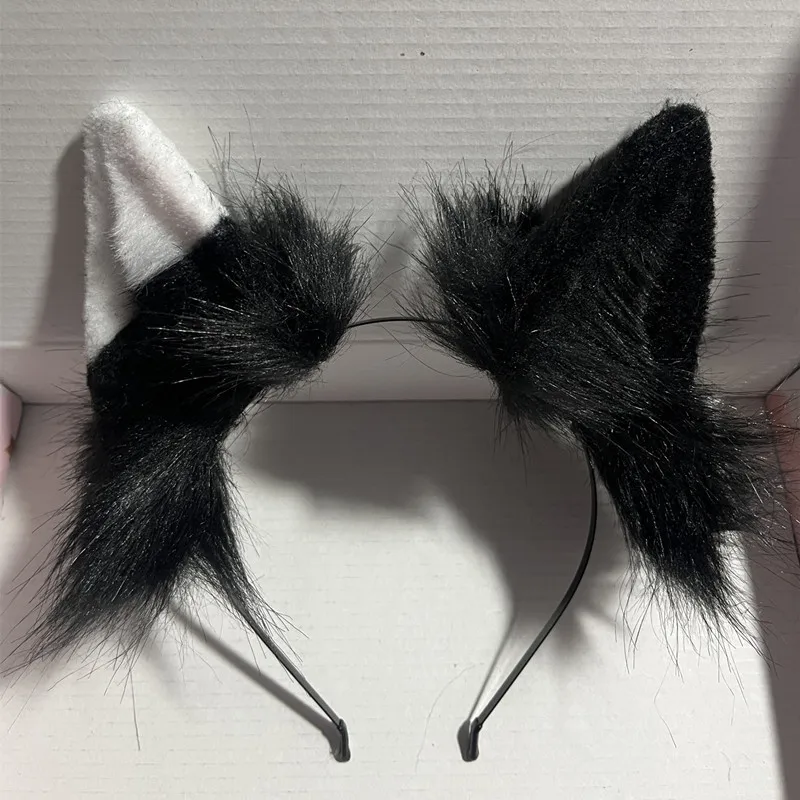 New Handmade Custom Halloween Cosplay Simulation Black White Wolf Fox Ears Tail Props Headband Hair Accessories Women Clips