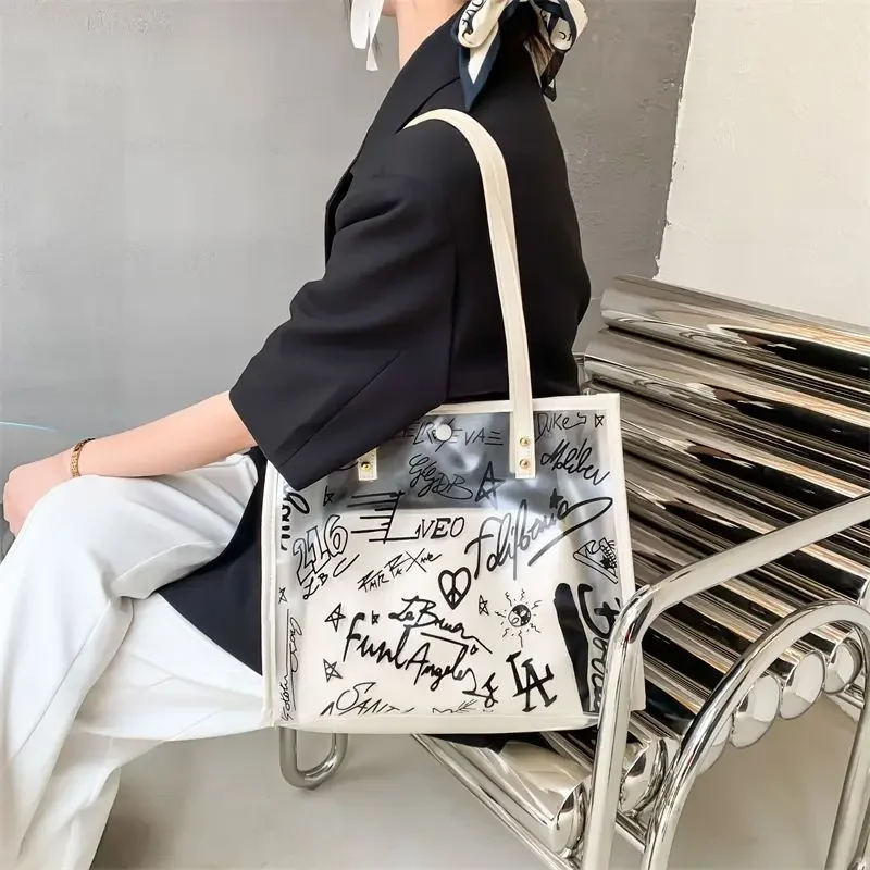 Transparent Graffiti Tote Bags Women Students Designed Water-proof Shoulder Bag Outdoor Commuter Handbags All-match Bolsos Daily