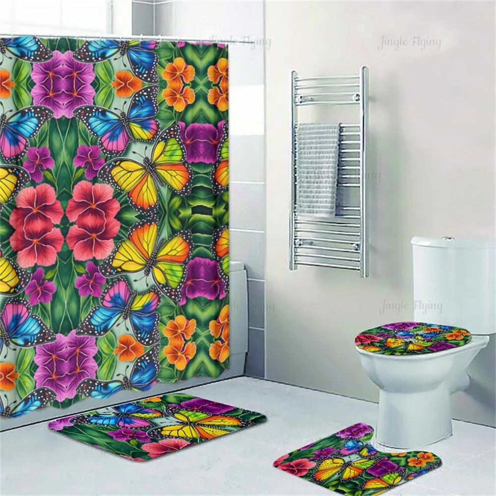 Flying Insect Hibiscus Flower Four Piece Bathroom Set Shower Curtain Toilet Seat Cover Bath Mat