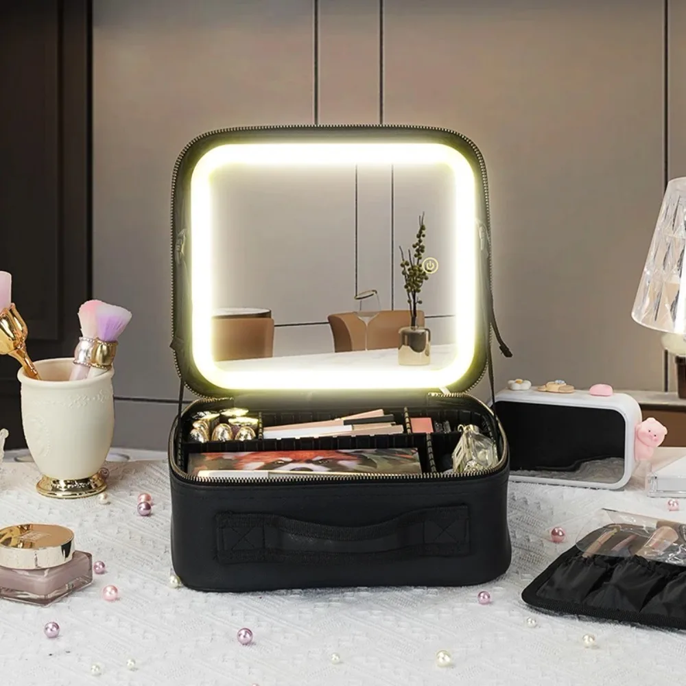Black Train Case Mirror Portable Makeup Case Waterproof Organizer with Adjustable Dividers Cosmetics Storage Case Gift