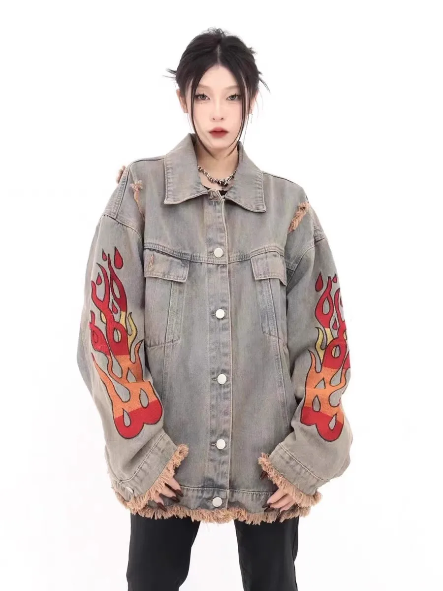 

Early Autumn 2024 Women's Flame Embroidery Frayed Denim Jacket Casual Mid-Length Bomber Coat Student Fashion Streetwear
