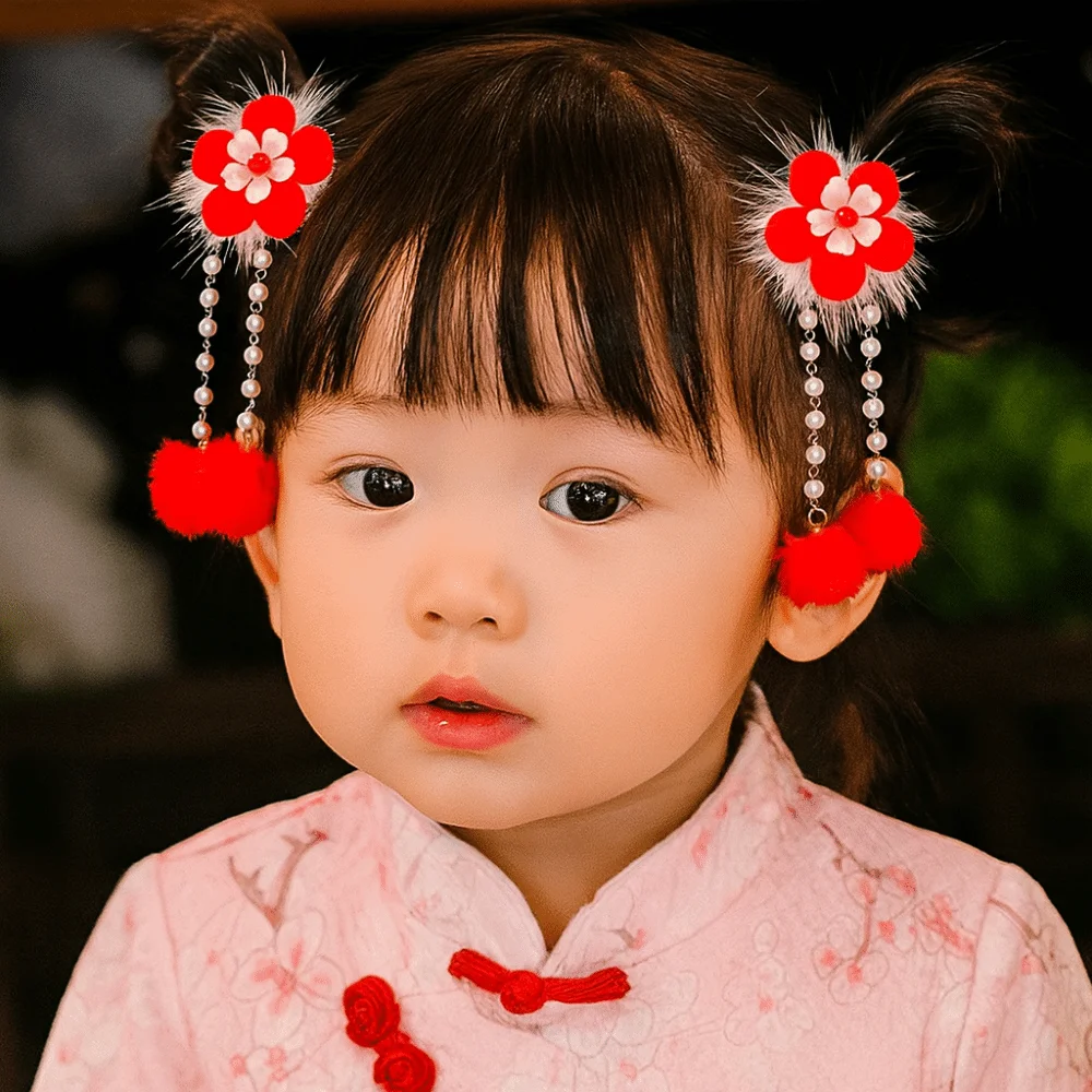Hanfu Headwear Children's New Year Hairpin Tang Suit Sweet Chinese Style Red Barrettes Ball Tassel Ancient Style Hair Clip Girls