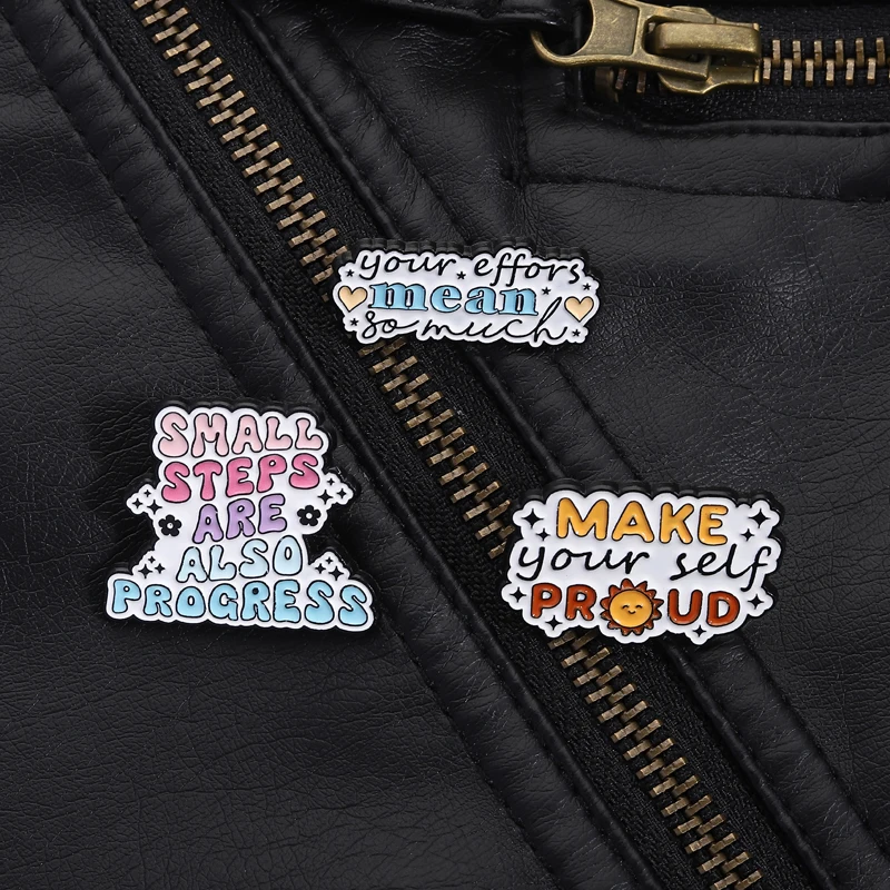 Inspirational Pin Colorful Enamel Style Small Steps Progress Make Yourself Proud Quotes For Self Care Lovers Bag Gift