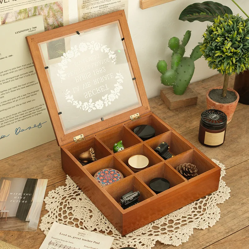 Jiugongge card issuance storage box, retro multi-grid tray, desktop cosmetics, solid wood jewelry finishing box, gift box.