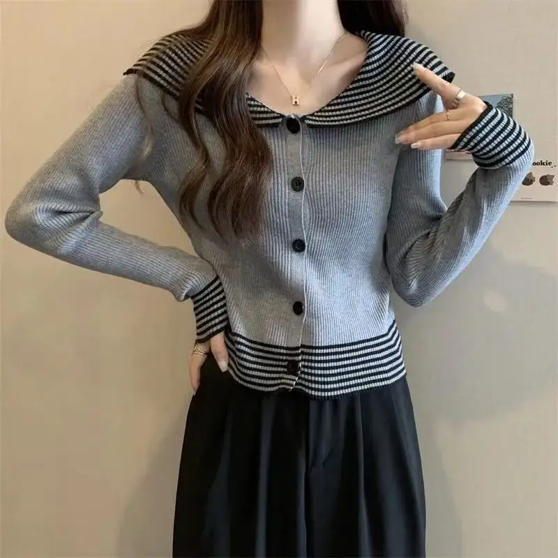 

Fashion Knitted Cardigan Women Spring and Autumn New Sailor Collar Y2k Knitted Cardigan