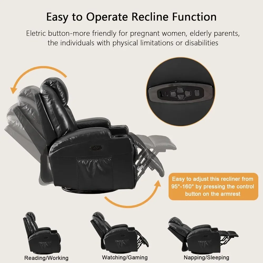 كرسي كرسي هزاز دوار كهربائي - منافذ تدليك حرارية LED USB من النوع C، وضع لا نهائي مع حامل أكواب للمراحة