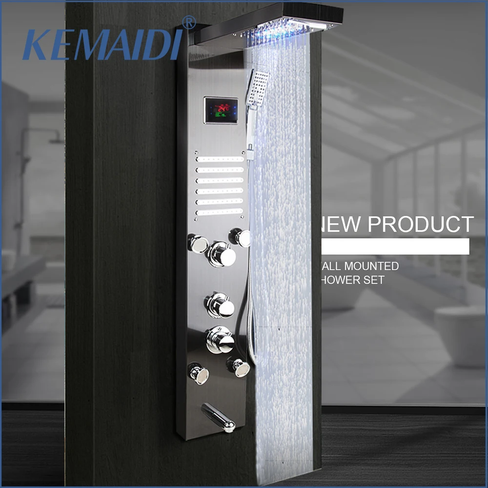 KEMAIDI Black LED Rainfall Waterfall Shower Set Bathroom Shower Panel Tower System Rain Massage System w/ Body Jets Wall Mounted