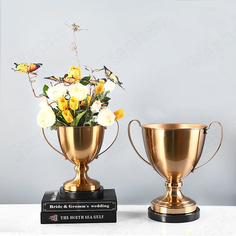 Golden Silver Trophies Metal Vases Nordic Modern Plating Process Large Tall Floor Vases for Living Room Plant Pots Decorative