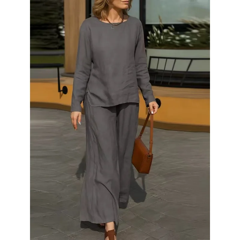 여성용 가을 라운드 넥 솔리드 컬러 루즈 티셔츠 캐주얼 팬츠 세트