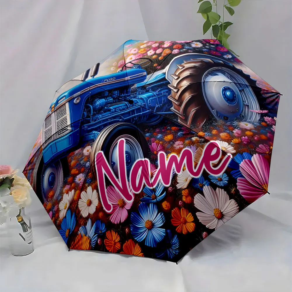 Custom Name Floral Tractor Umbrella Design in a Room Print 8 Iron Ribs Folding Umbrella Auto-Open Fashion Sunshade