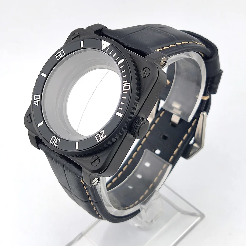 

Корпус часов 41 мм из нержавеющей стали с сапфировым стеклом, черный, подходит для механизма NH35, кожаный ремешок, алюминиевый безель, высокое качество, квадратный корпус.