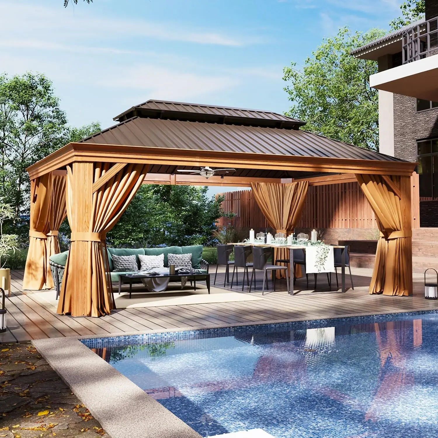 Hardtop Gazebo, 12 x 16ft Wooden Finish Coated Aluminum Frame Canopy, Galvanized Steel Double Top, Outdoor Permanent, Custom
