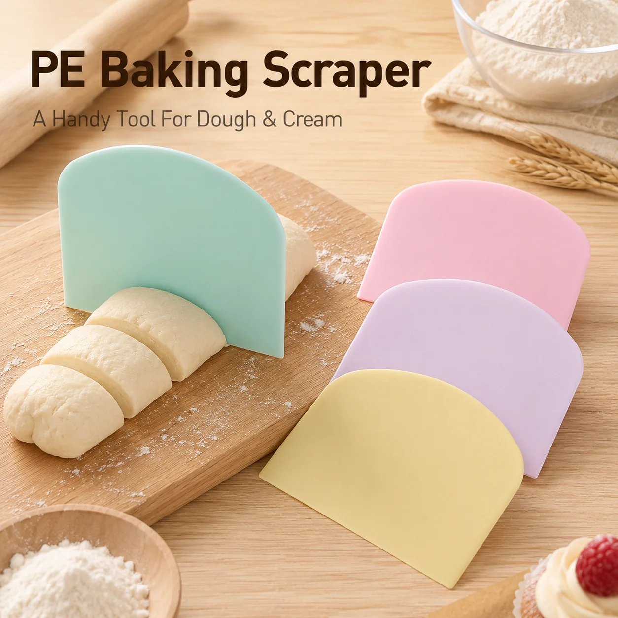 Dough Scraper Curved - 柔軟なPE生地スクレーパー、ベーキングベンチスクレーパー、パン、ピザ生地、ケーキクリーム、バター用のペストリーカッター、柔らかい曲線状の手持ちボウルスクレーパー、混合、切断、分割、塗布、キッチンでのベーキング用、各種カラー