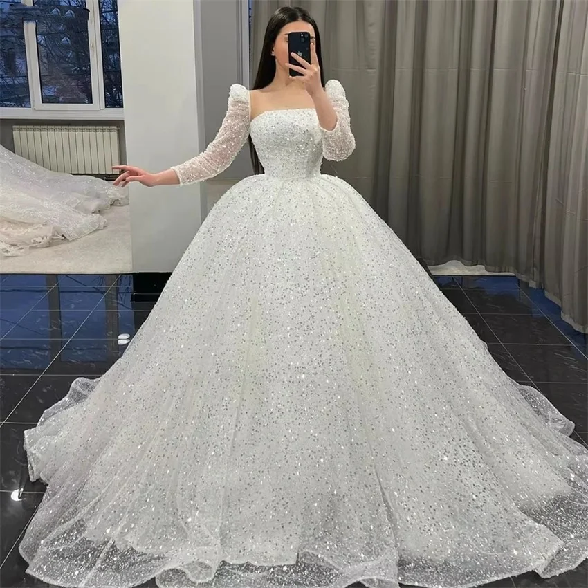 Personalizado a linha sem alças lantejoulas vestido de noiva mangas compridas vestidos de casamento até o chão vestido de noiva para mulheres vestidos de novia