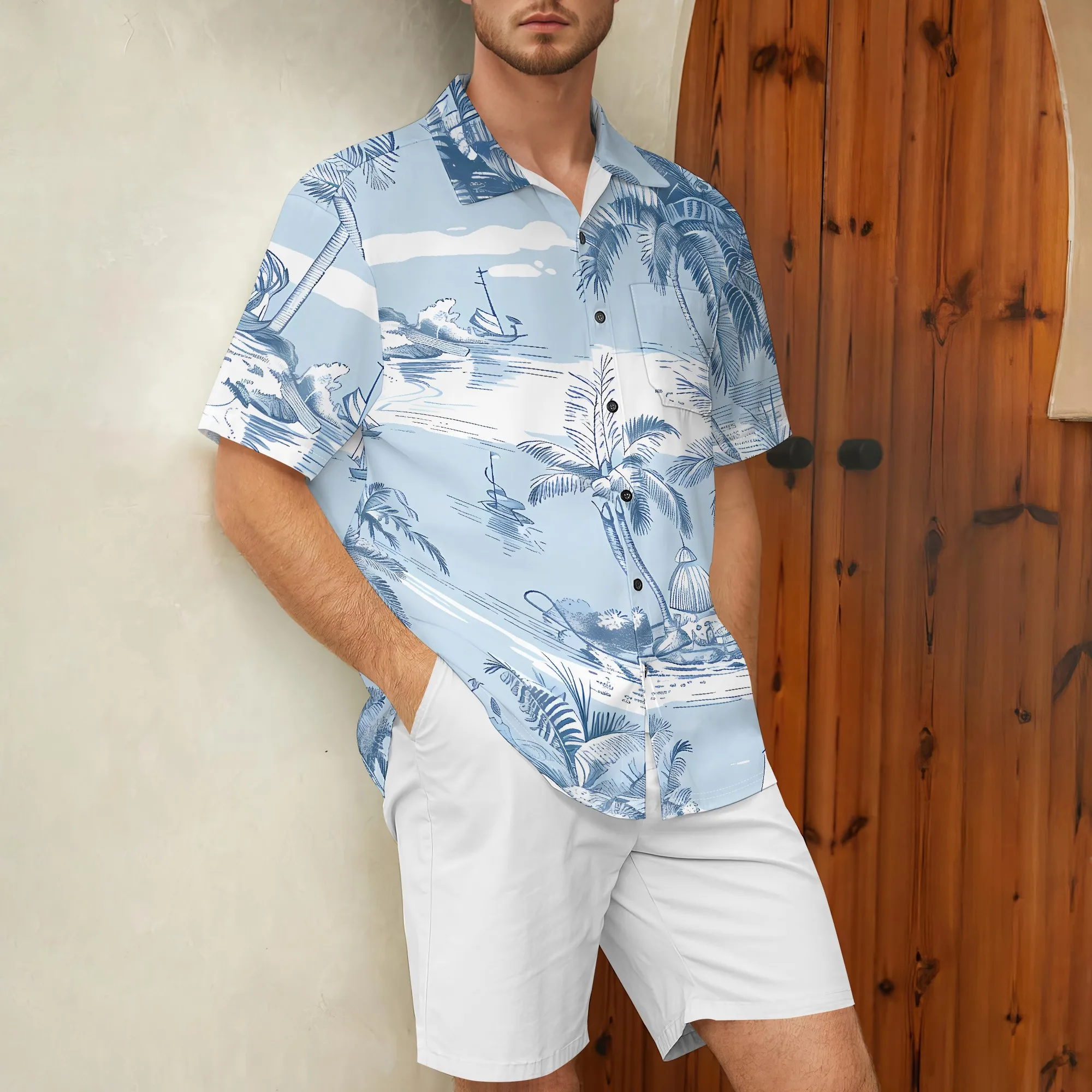 YEAE Navy Palm Tree Print Shirt for Men Summer Casual Short Sleeve Top