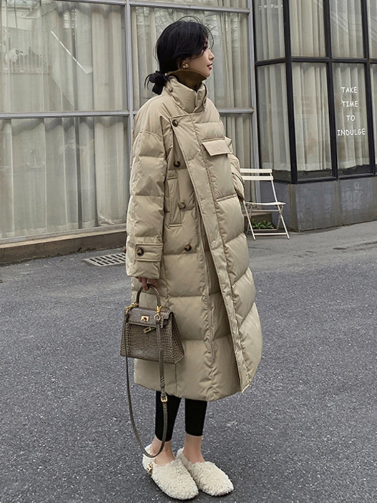 Elegant katoenen donsjack voor woon-werkverkeer Winter nieuwe opstaande kraag losse grote maten dikker windjack midi-lengte katoenen jas dames